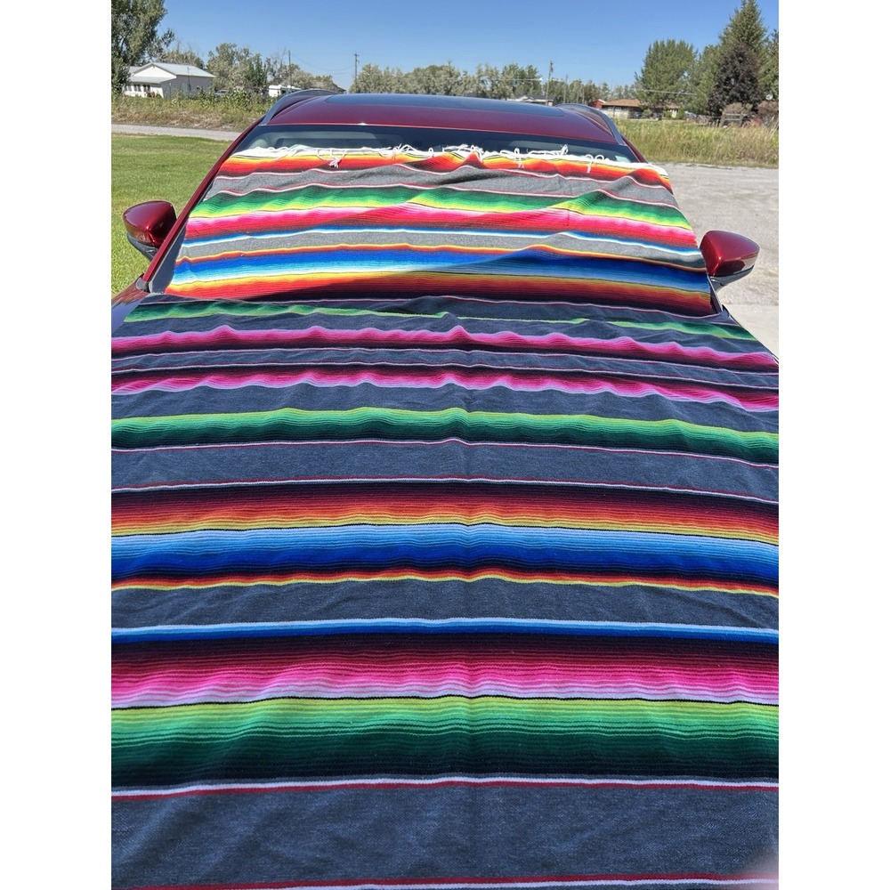 Mexican Serape Saltillo Blanket 57x82 Multicolor Striped Gray Fiesta Western
